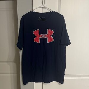 Under Armour Men's Dark Blue Tee with Red Emblem